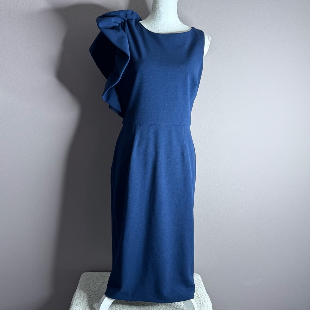 JS Collections One Side Flutter Sleeve High Neck Dress Navy Blue Midi Dress Sz 8
